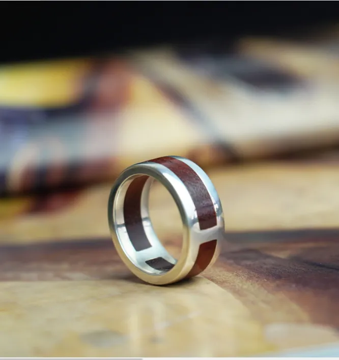 Men's Unique Wedding Wooden Ring Silver Engagement Ring Bands Handcraft Gift Custom Made