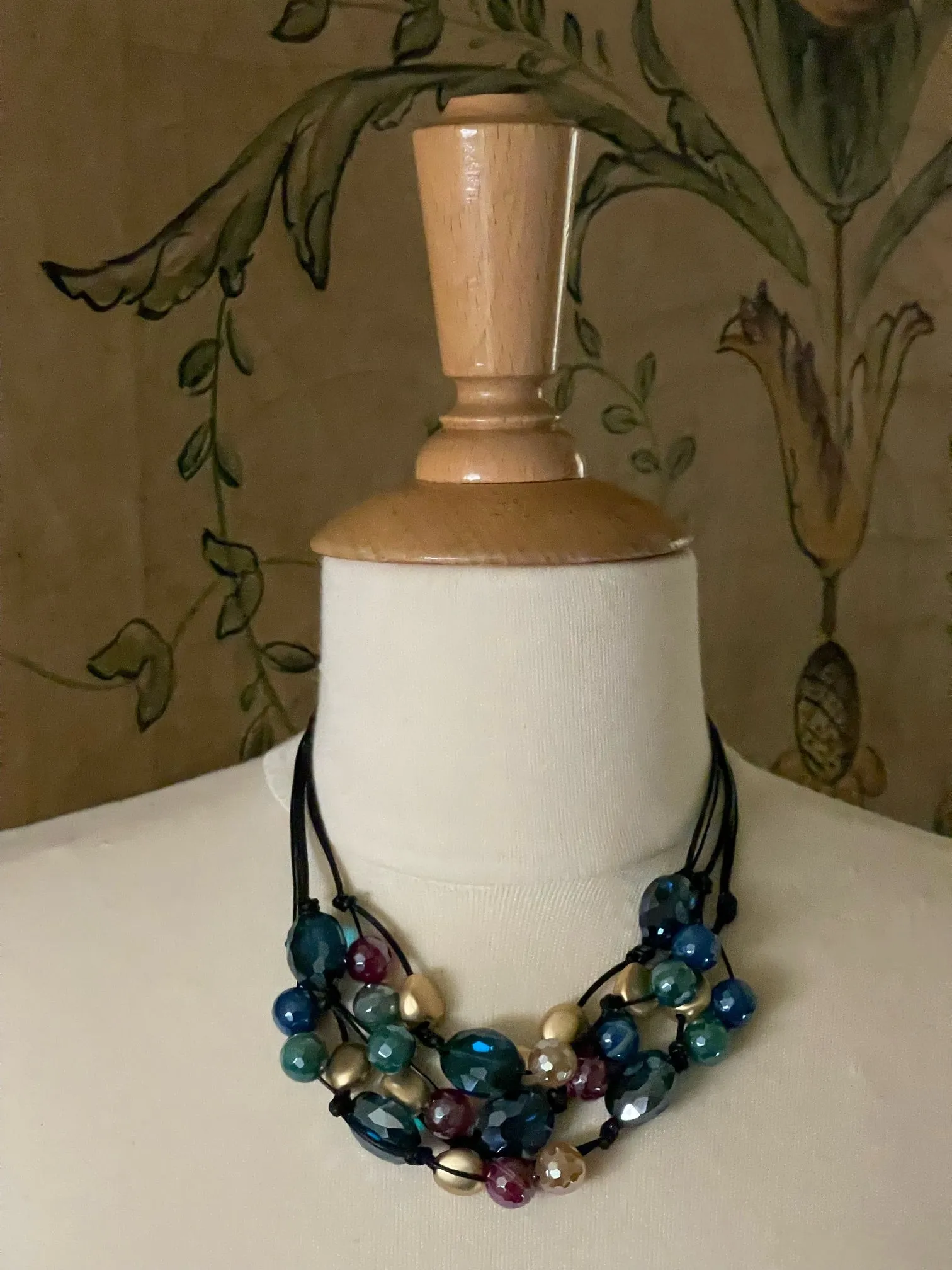 Multi Glazed Agate With Teal Crystal Torsade Necklace on Black Linen and Leather Cord