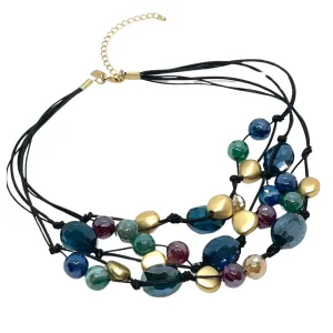 Multi Glazed Agate With Teal Crystal Torsade Necklace on Black Linen and Leather Cord