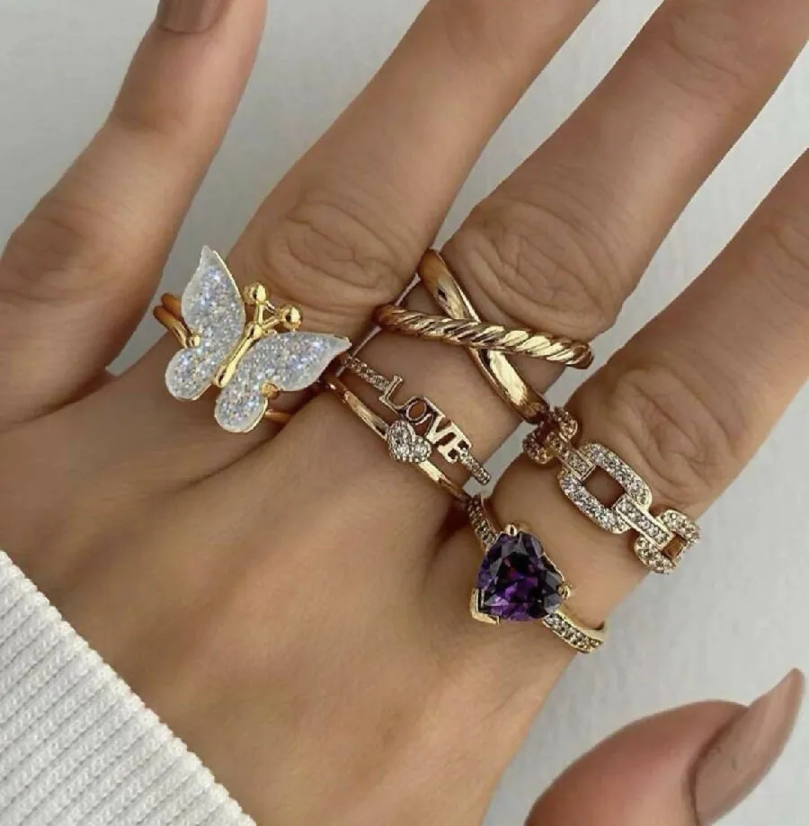 Oh La La Express Women Rings Set Butterfly and Heart Shape 6pcs