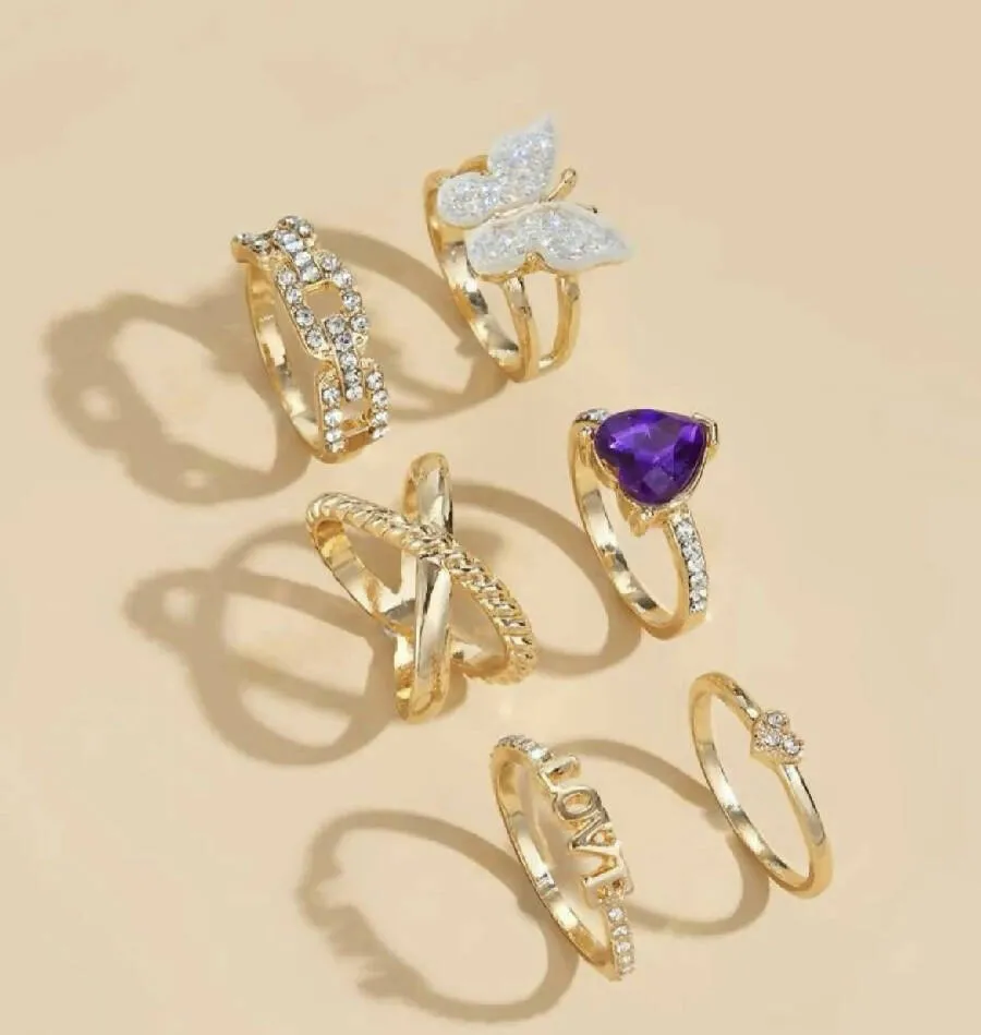 Oh La La Express Women Rings Set Butterfly and Heart Shape 6pcs