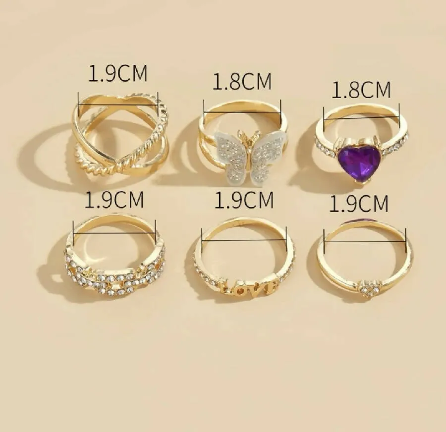 Oh La La Express Women Rings Set Butterfly and Heart Shape 6pcs