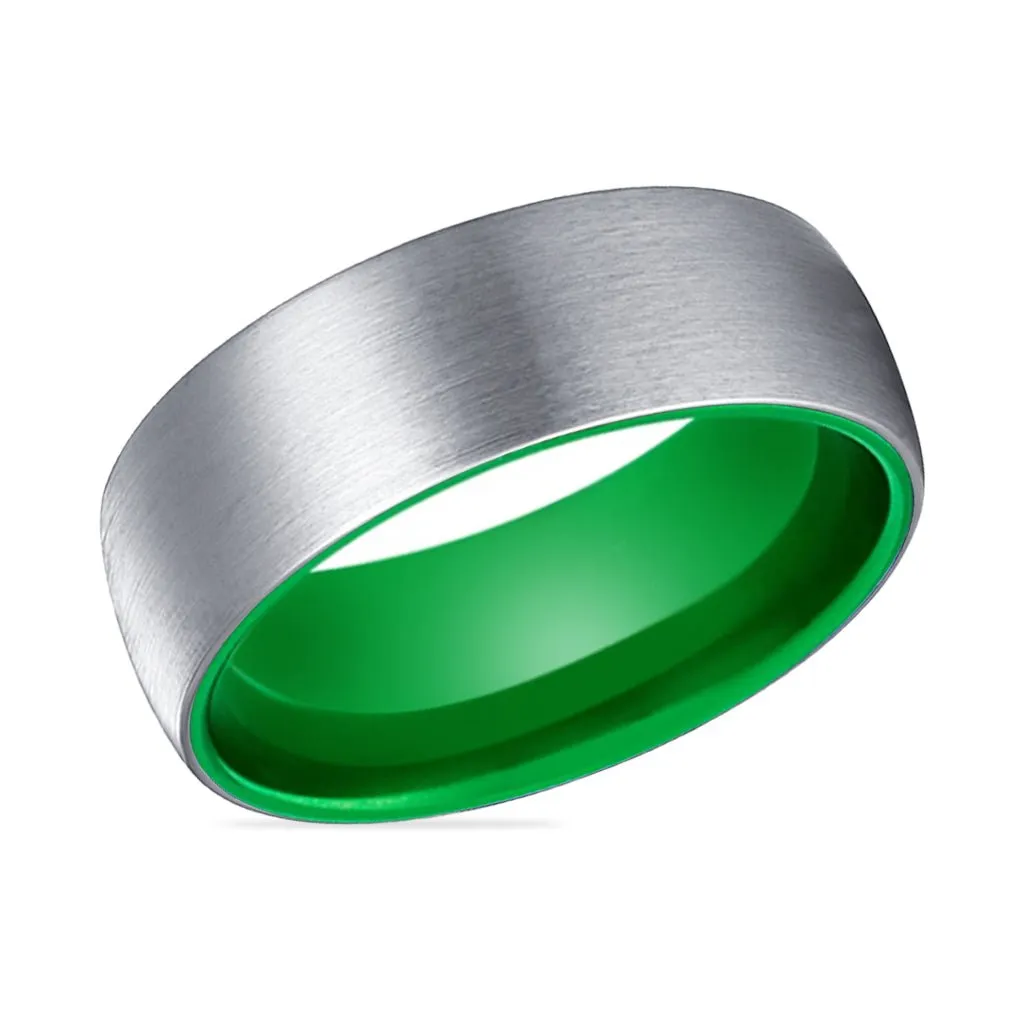 PAGANI | Green Ring, Silver Tungsten Ring, Brushed, Domed