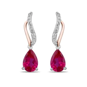 Pear Shaped Created Ruby Stud Earrings with 0.15ct of Diamonds in Sterling Silver and 9ct Rose Gold