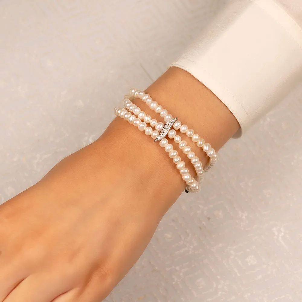 Pearl Triple Strand & Pavé Wave Bracelet