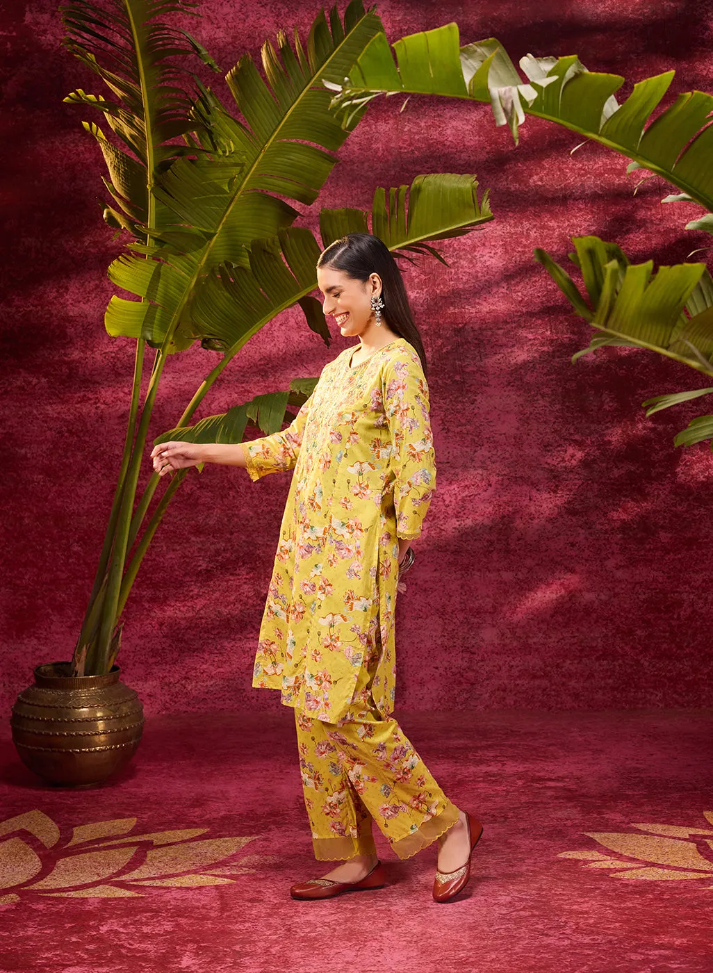 Phool Electric Yellow Printed Kurta Set for Women