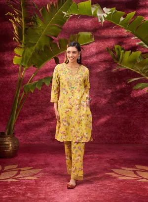 Phool Electric Yellow Printed Kurta Set for Women