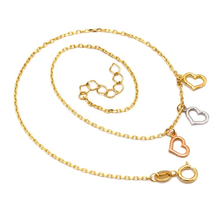 Real Gold Luxury 3-Color 3-Heart Dangler Charm Anklet - Model 8410 A1334