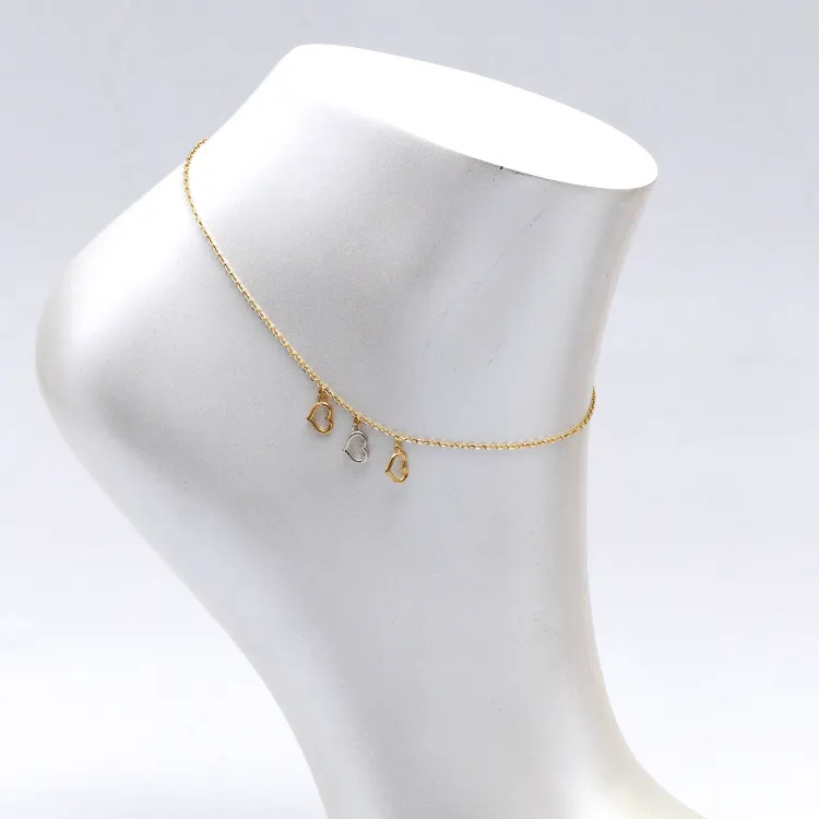 Real Gold Luxury 3-Color 3-Heart Dangler Charm Anklet - Model 8410 A1334