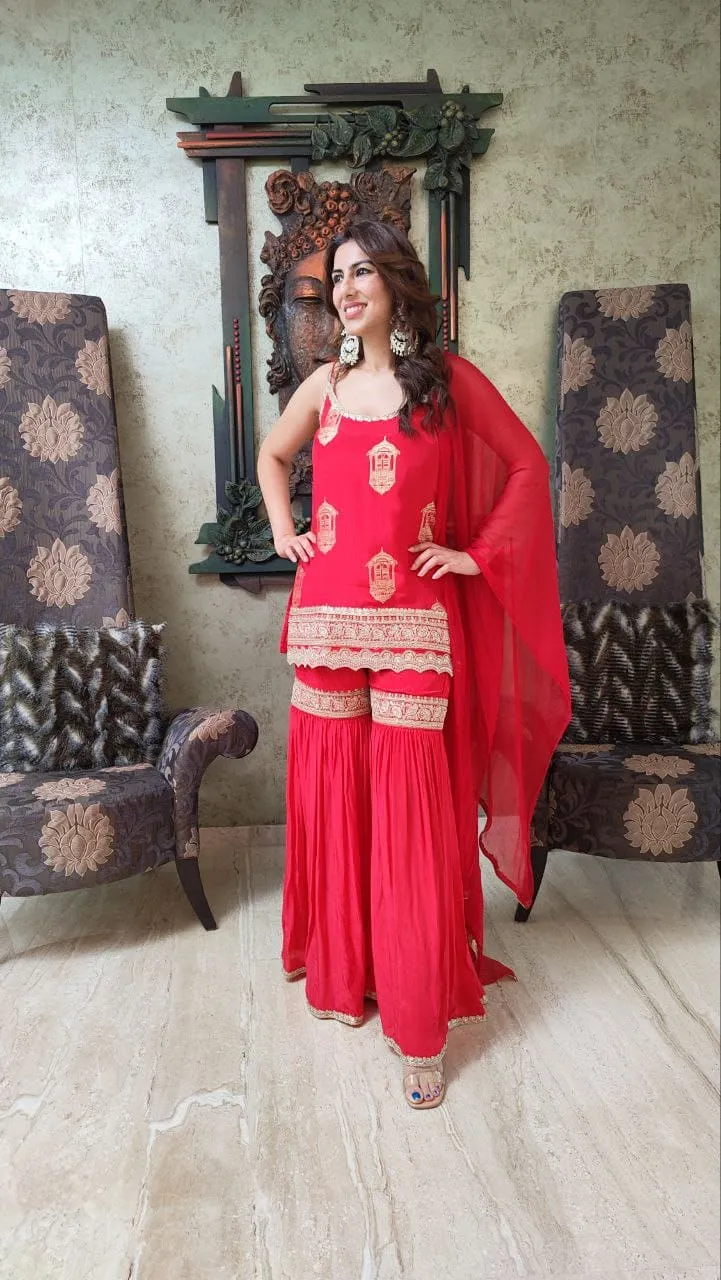 Red Spaghetti Sharara Set