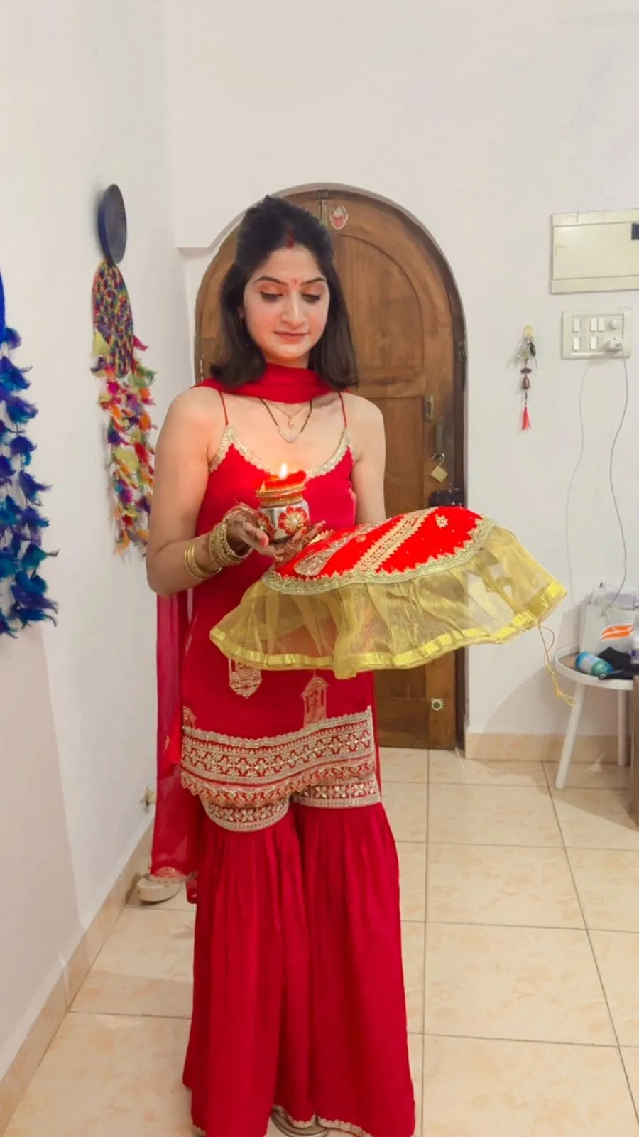 Red Spaghetti Sharara Set