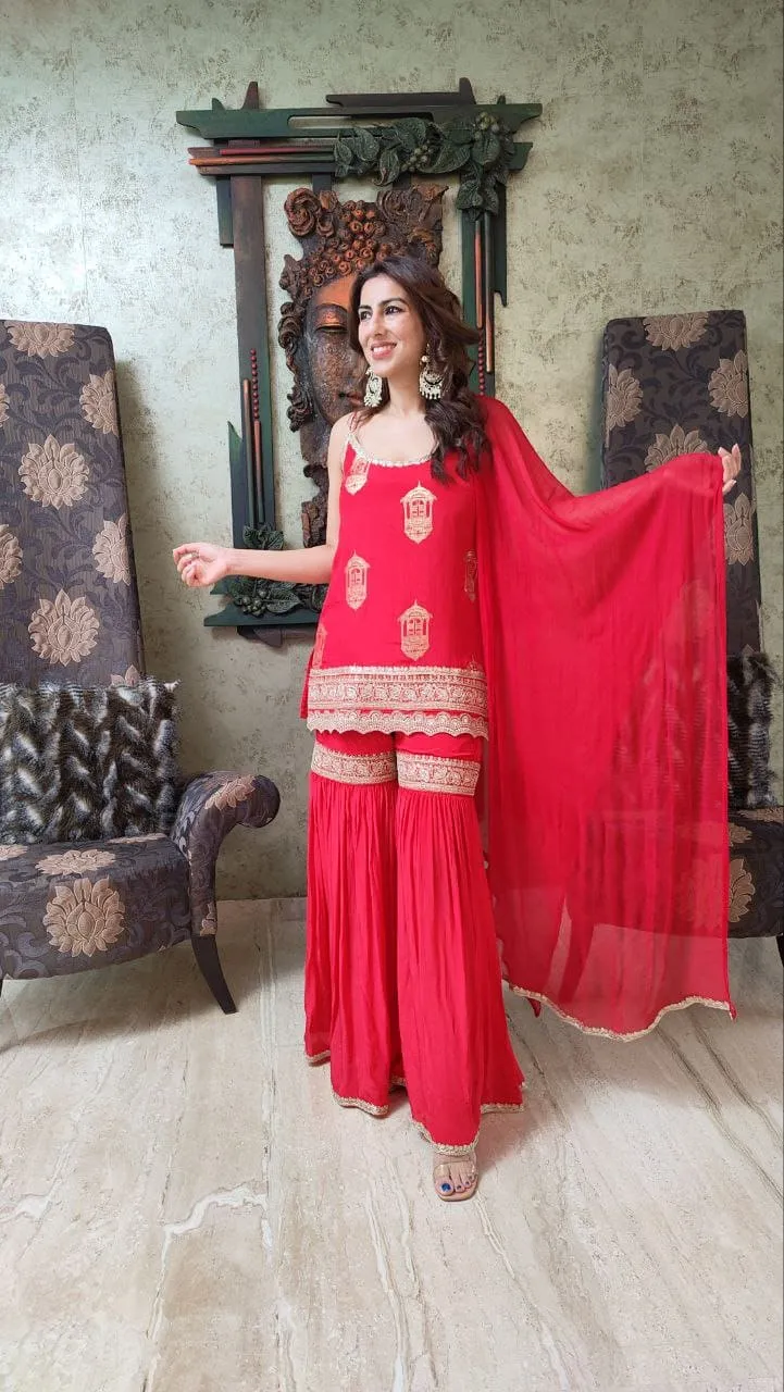 Red Spaghetti Sharara Set