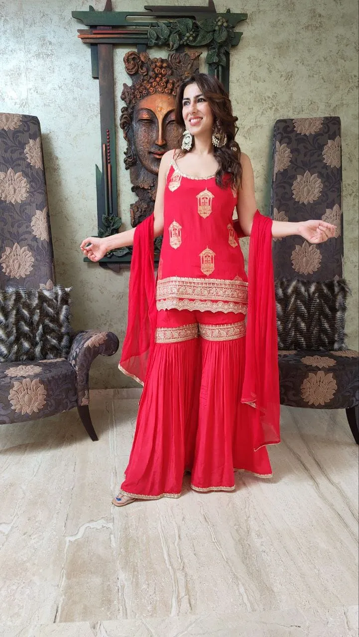 Red Spaghetti Sharara Set