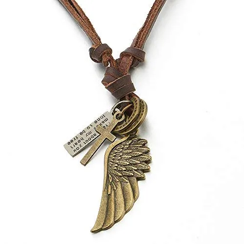 Retro Style Angel Wing Pendant Unisex Necklace for Men for Women with Adjustable Leather Cord