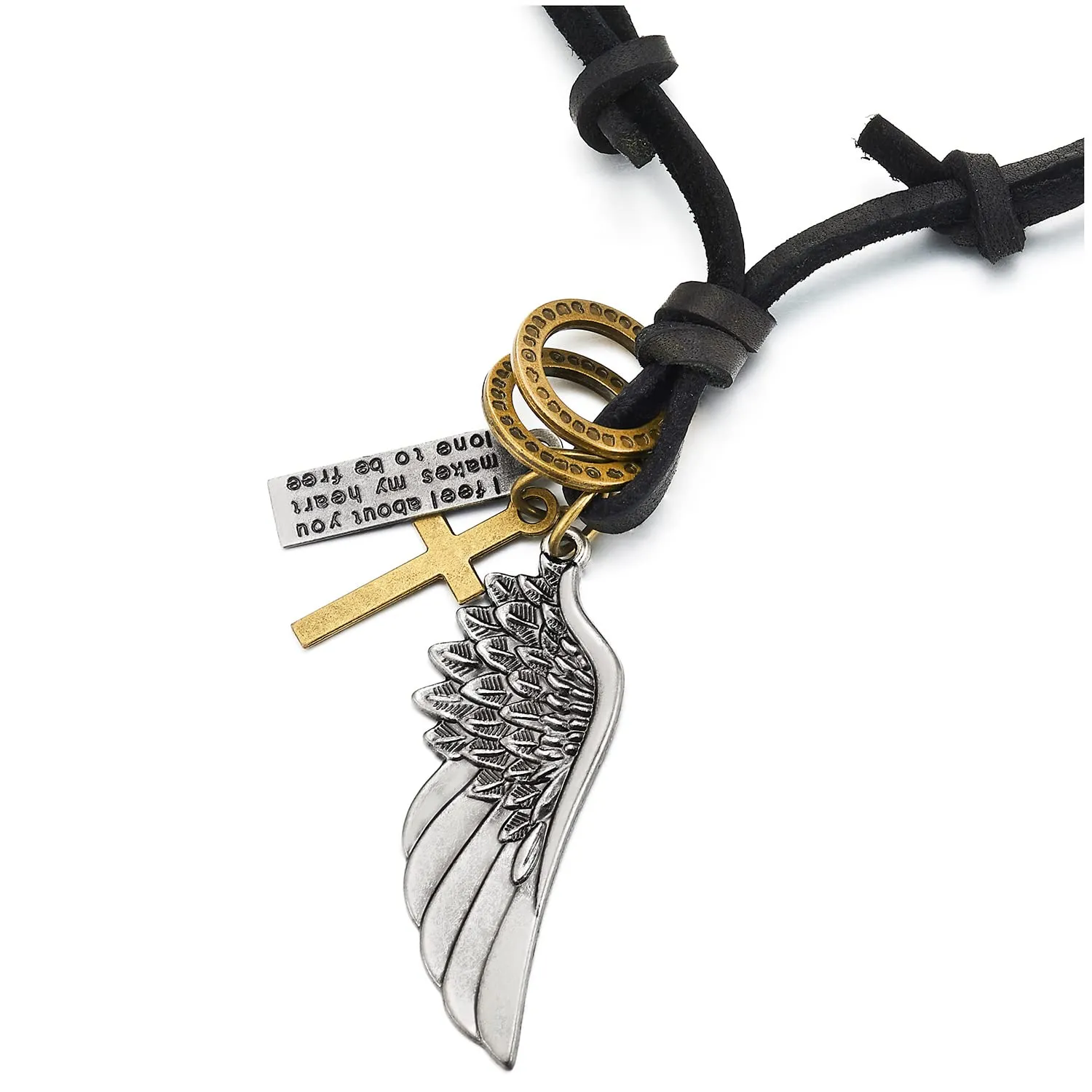 Retro Style Angel Wing Pendant Unisex Necklace for Men for Women with Adjustable Leather Cord