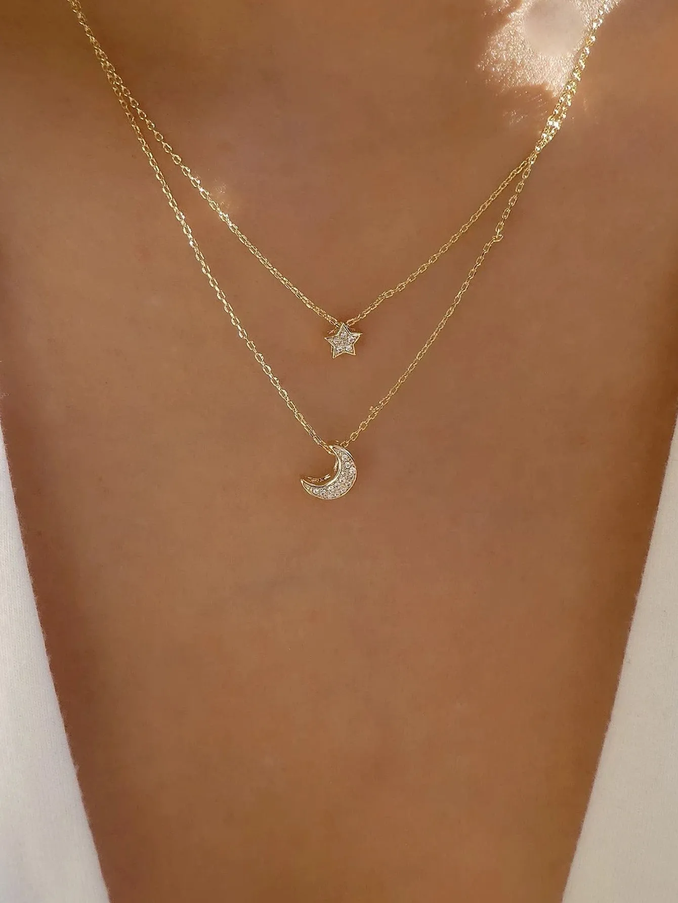 Rhinestone Moon & Star Charm Necklace for Women Girls Accessories Jewelry Gifts