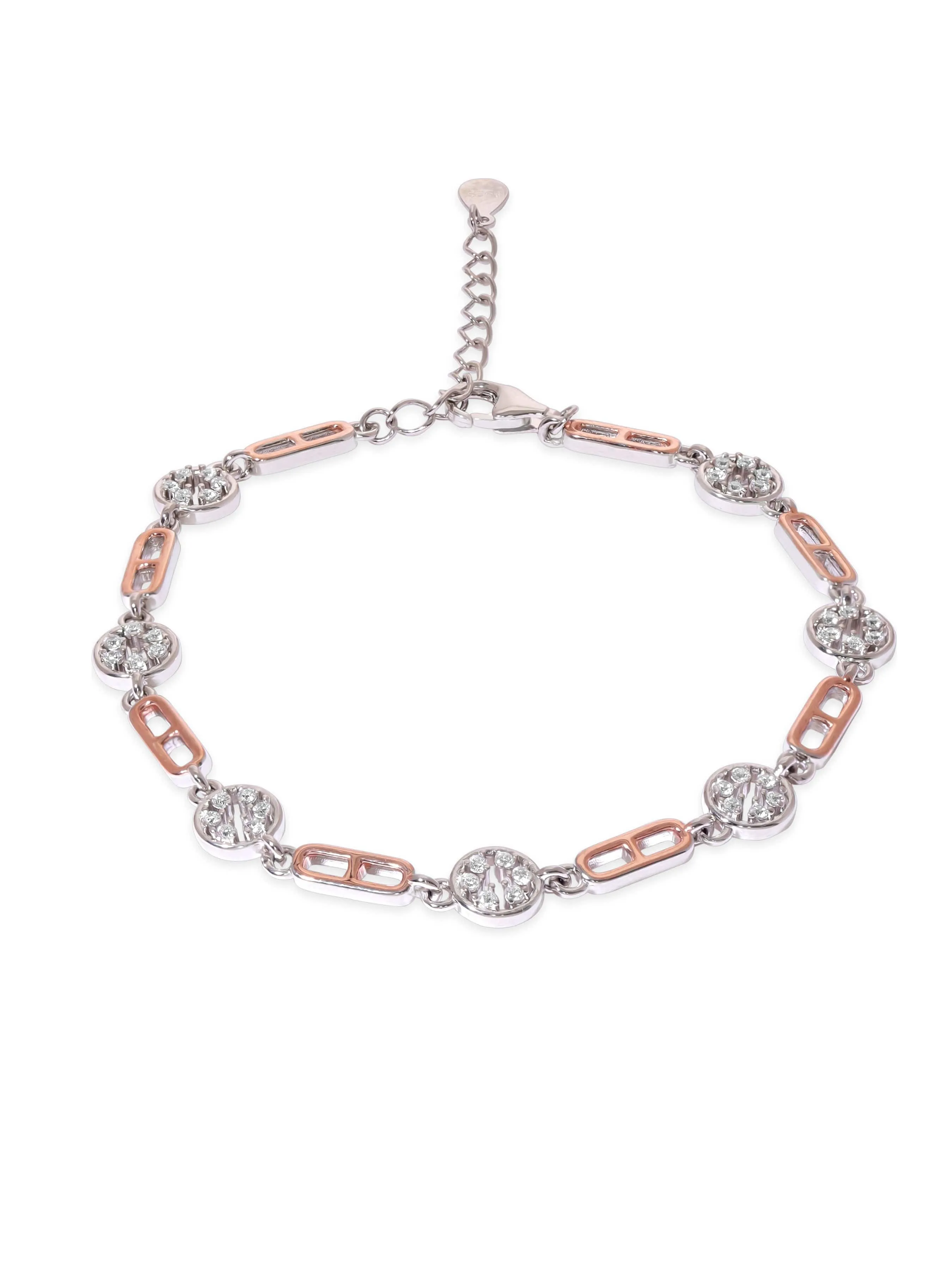 Rubans Silver Rhodium plated 925 Sterling silver Zirconia & Rose gold link detail bracelet