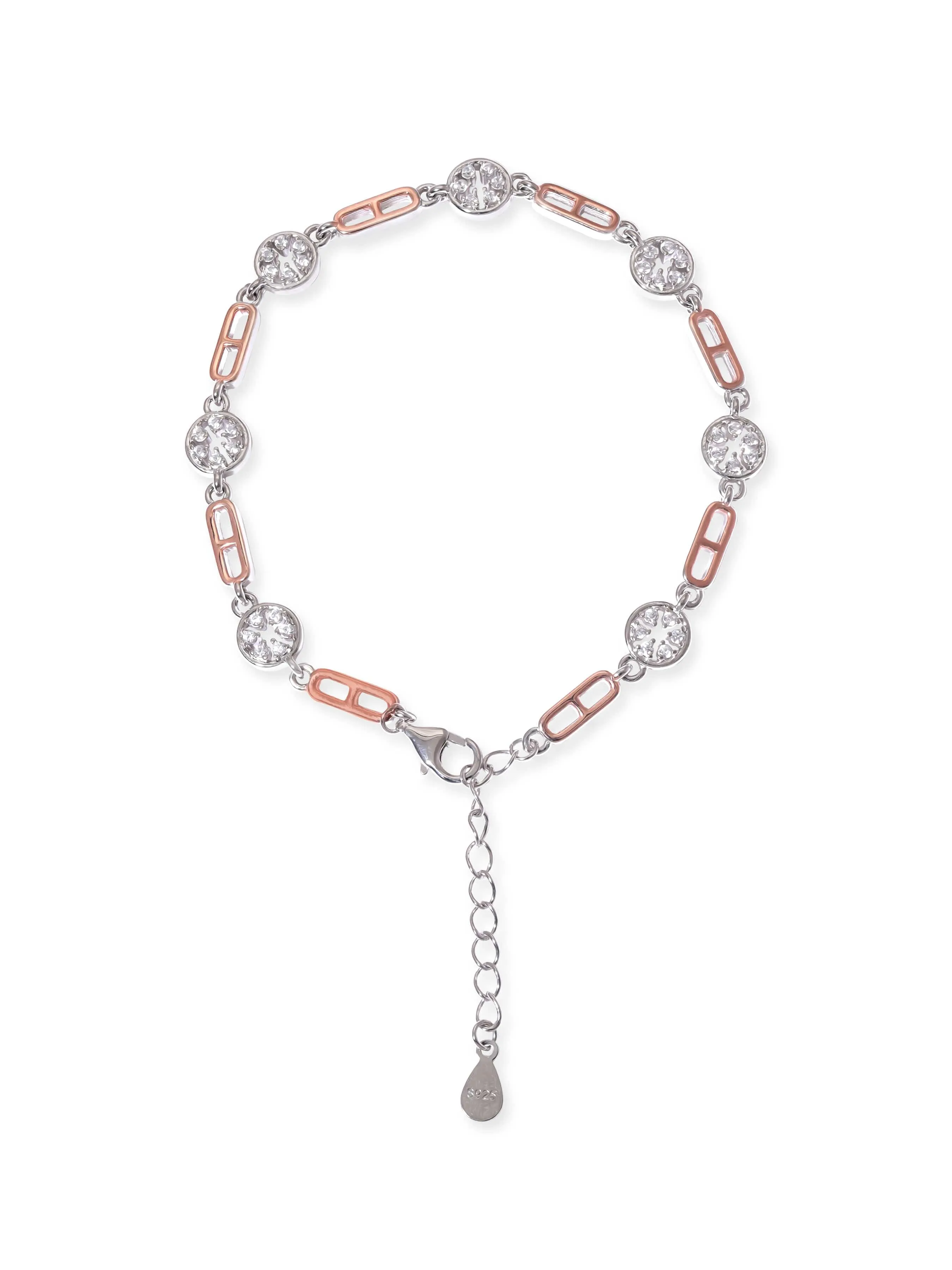 Rubans Silver Rhodium plated 925 Sterling silver Zirconia & Rose gold link detail bracelet