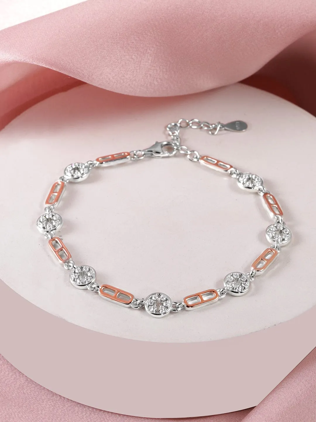 Rubans Silver Rhodium plated 925 Sterling silver Zirconia & Rose gold link detail bracelet