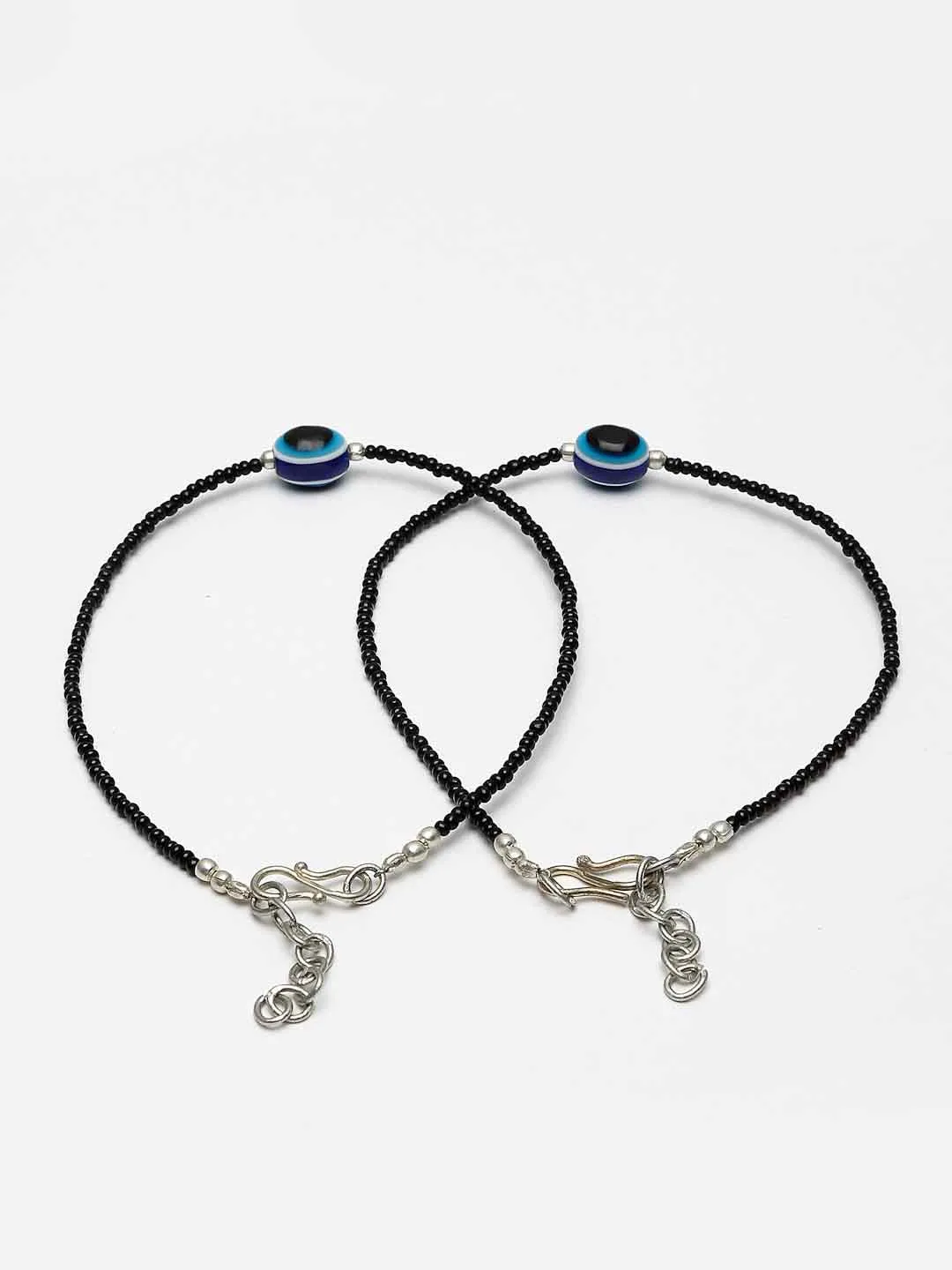 Set Of 2 Silver-Plated Black & Blue Beaded Evil Eye Handcrafted Anklets