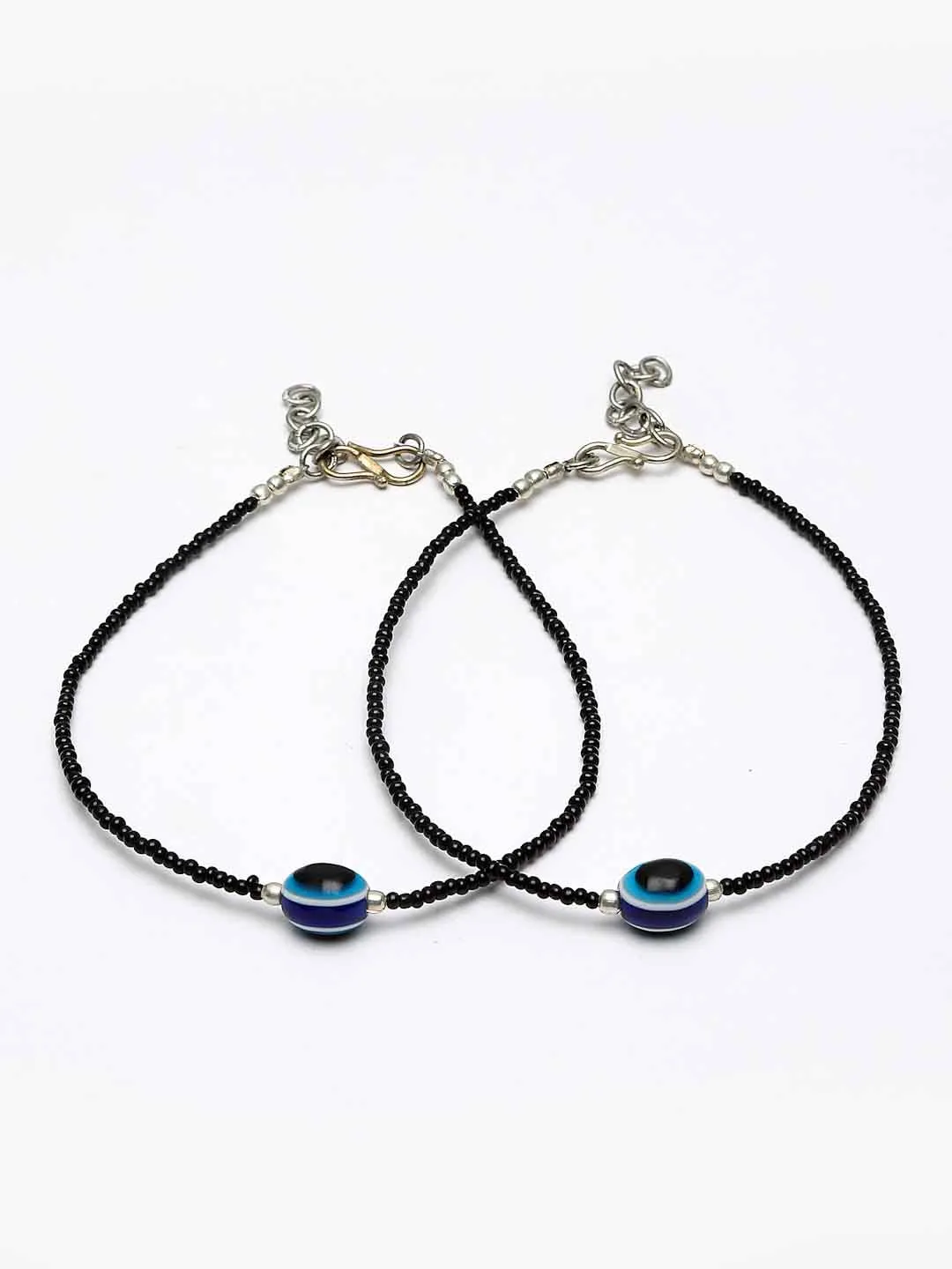 Set Of 2 Silver-Plated Black & Blue Beaded Evil Eye Handcrafted Anklets