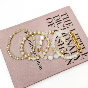 Set of Four | Glorious Gold Crystal Beaded Bracelet Set in White