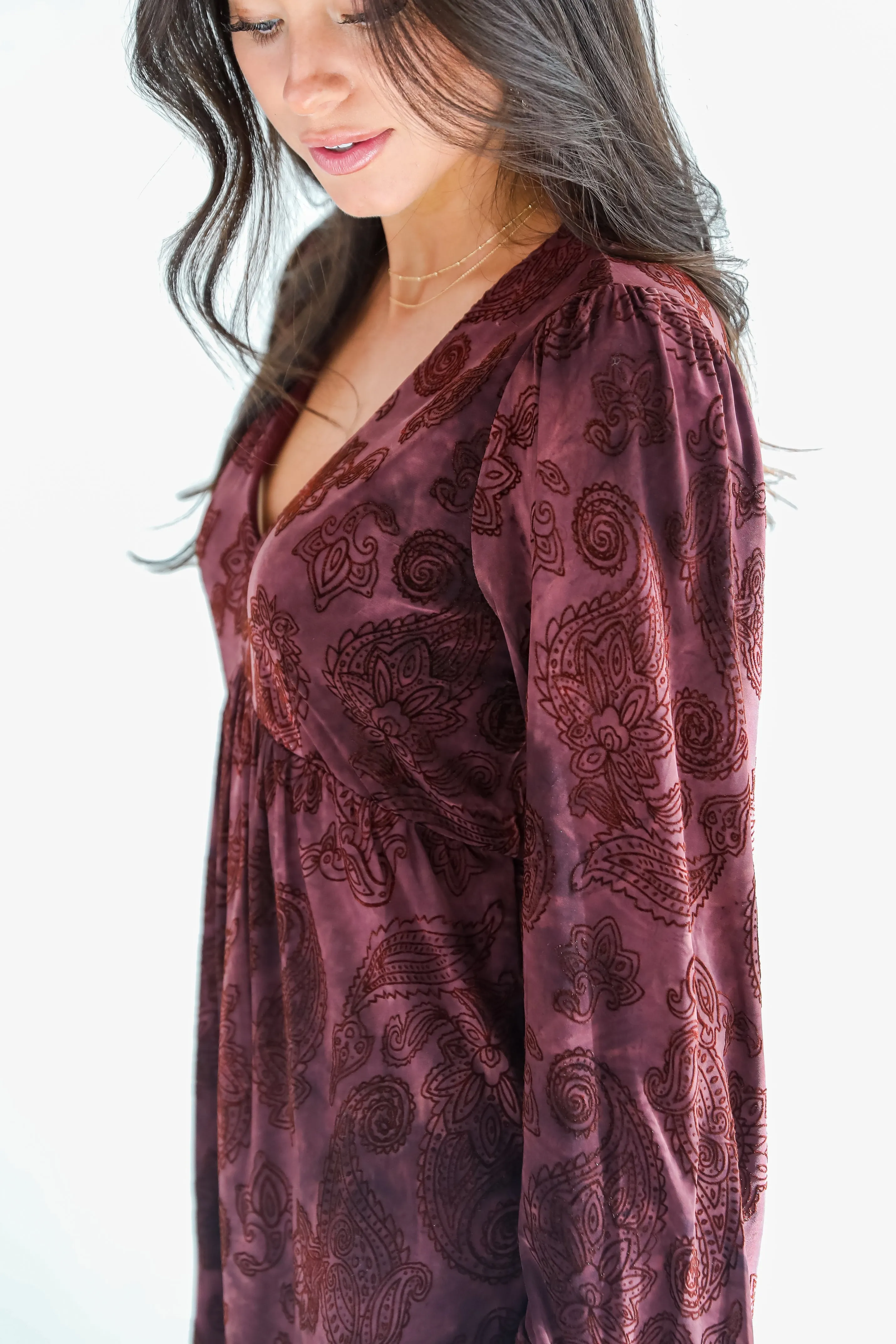 Signature Charm Wine Velvet Paisley Mini Dress