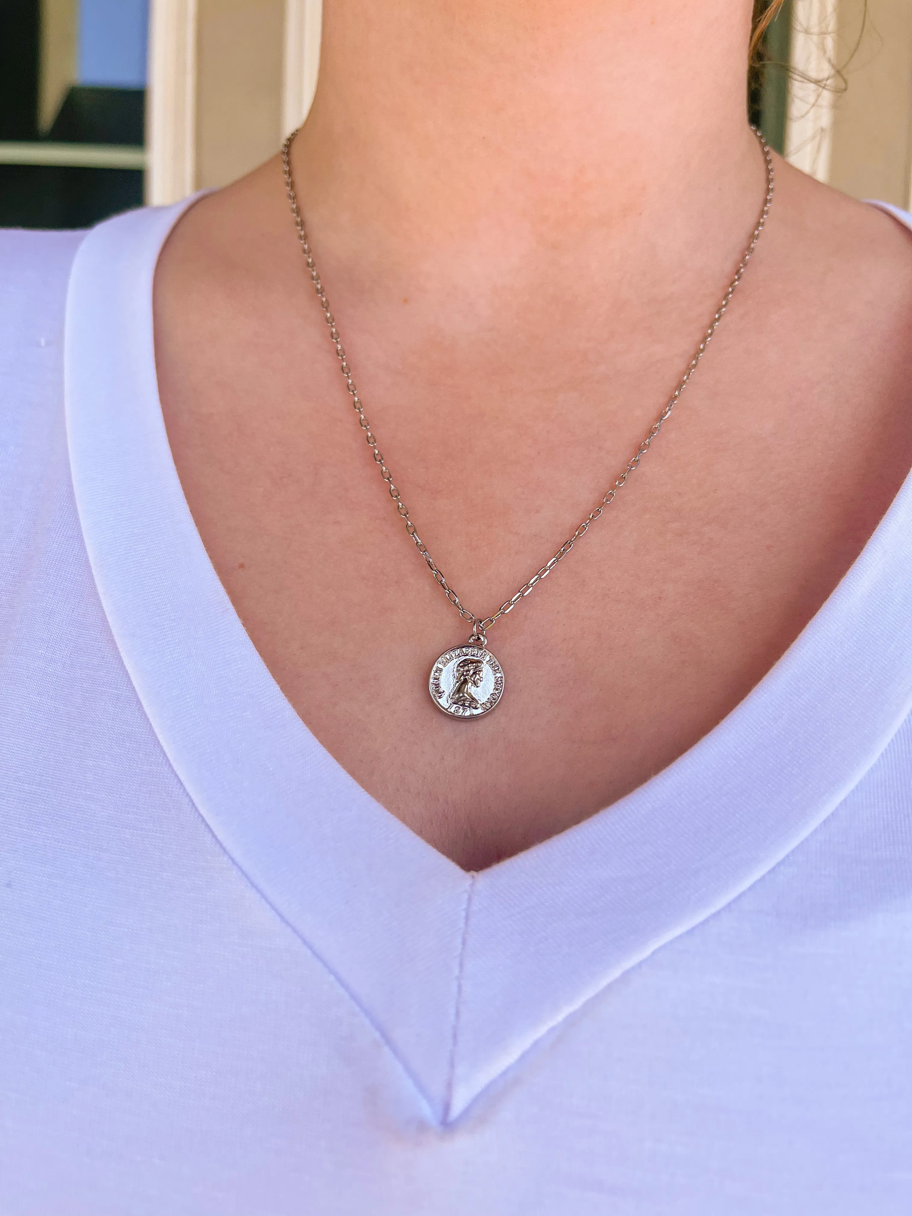 Silver Layered Necklace- Chain, Coin, Herringbone