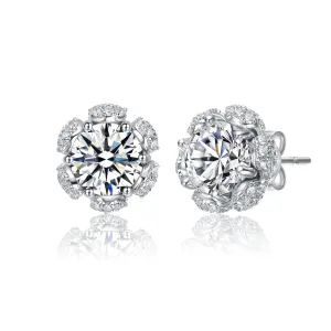 Sterling Silver Cubic Zirconia Flower Halo Stud Earrings