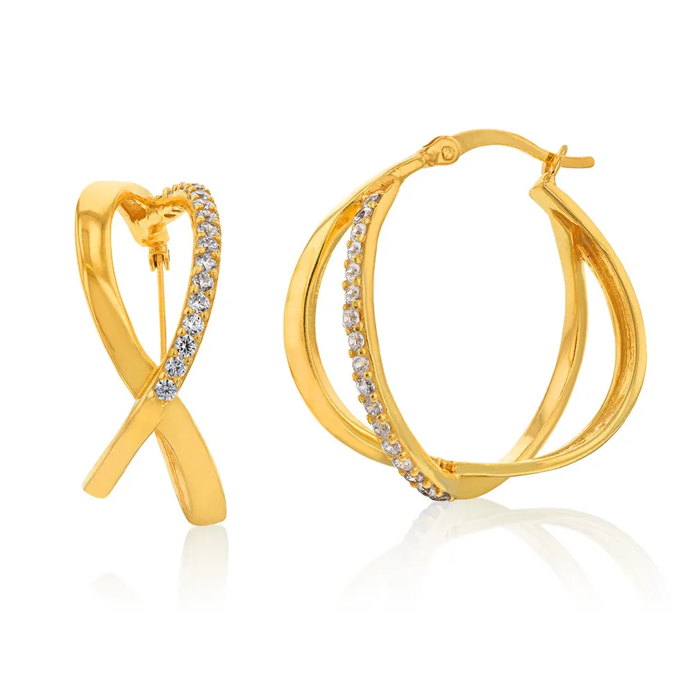 Sterling Silver Gold Plated Cubic Zirconia Abstract Hoop Earrings