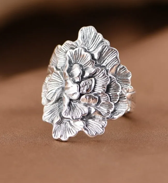 Sterling Silver Peony Flower Adjustable Ring Adjustable Ring,Anniversary Ring Gift  0036