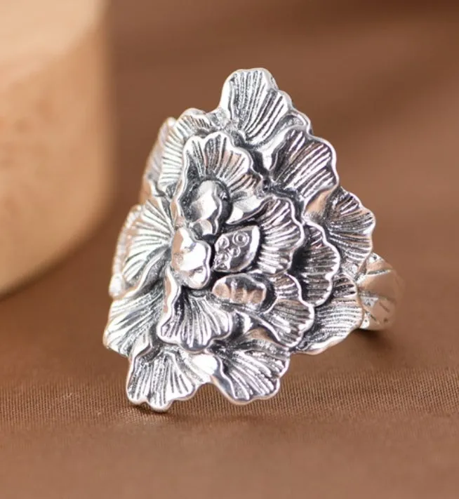 Sterling Silver Peony Flower Adjustable Ring Adjustable Ring,Anniversary Ring Gift  0036