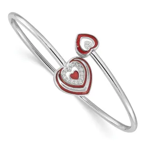 Sterling Silver Rh-plated CZ Red Enamel Heart Flexible Cuff Bangle Bracelet