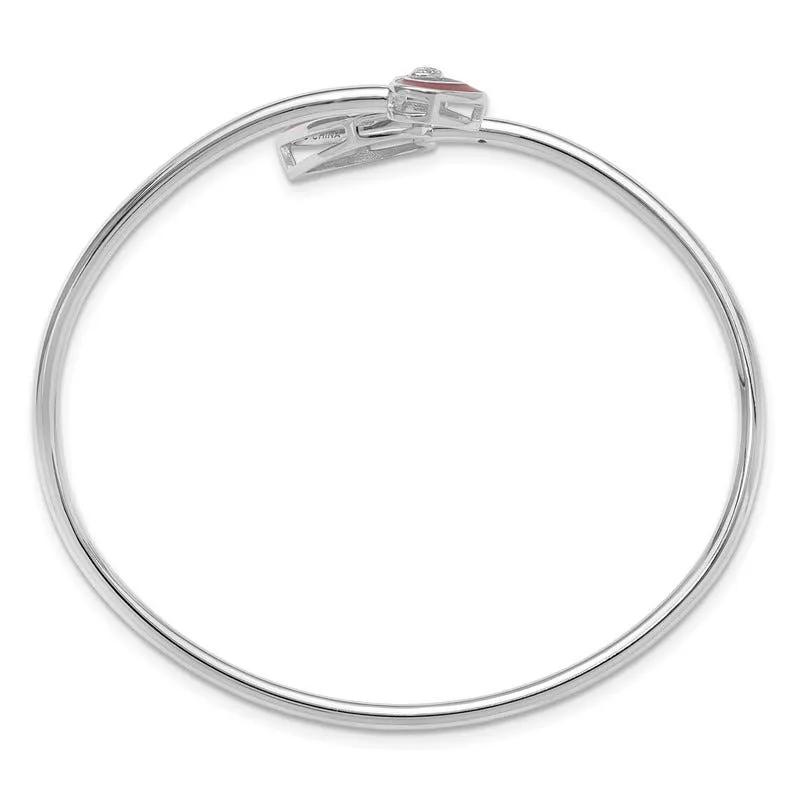 Sterling Silver Rh-plated CZ Red Enamel Heart Flexible Cuff Bangle Bracelet