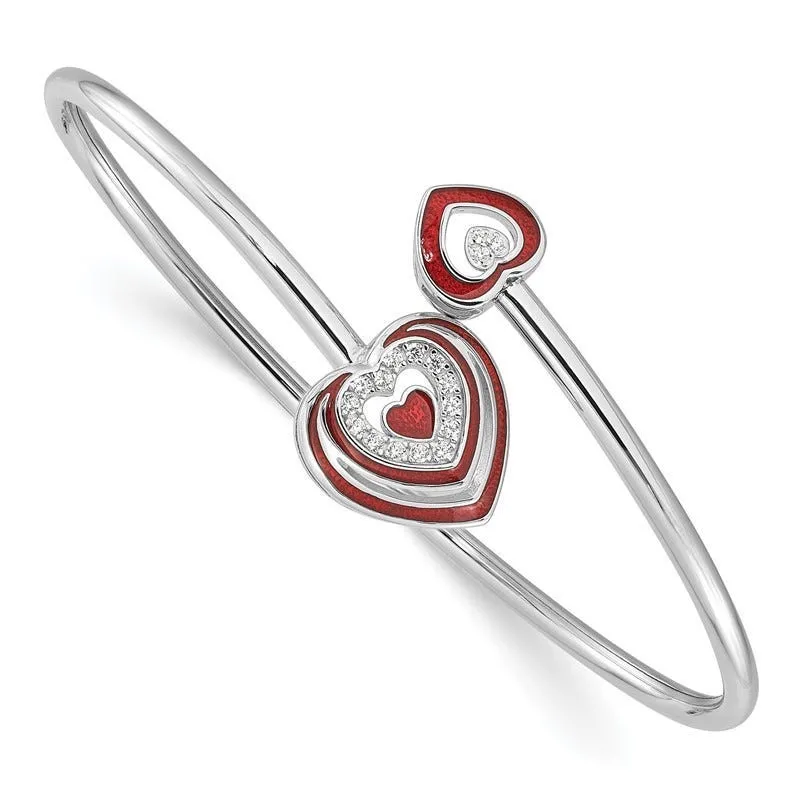 Sterling Silver Rh-plated CZ Red Enamel Heart Flexible Cuff Bangle Bracelet