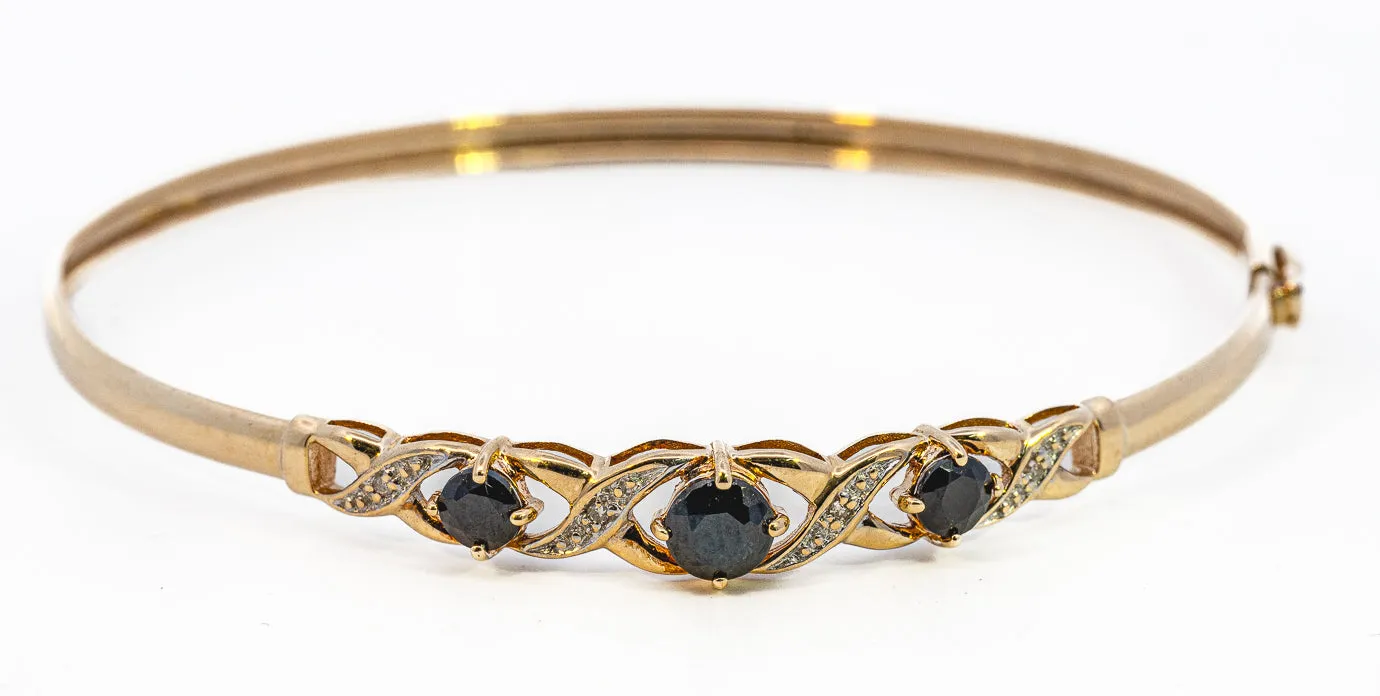 Stunning Hinged Yellow Gold Sapphire and Diamond Bangle