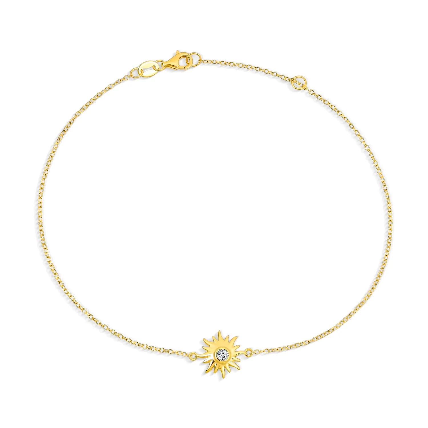 Sunburst CZ Accent Anklet Ankle Bracelet 14K Gold Plated Sterling Silver