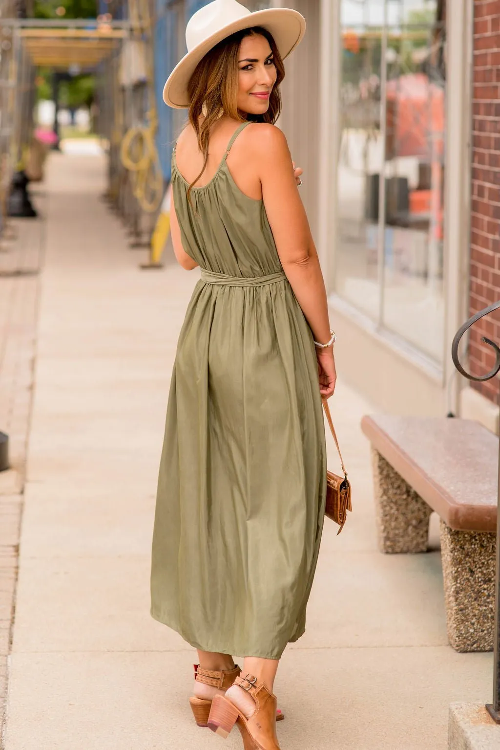 Thin Strapped Tie Waist Midi Dress