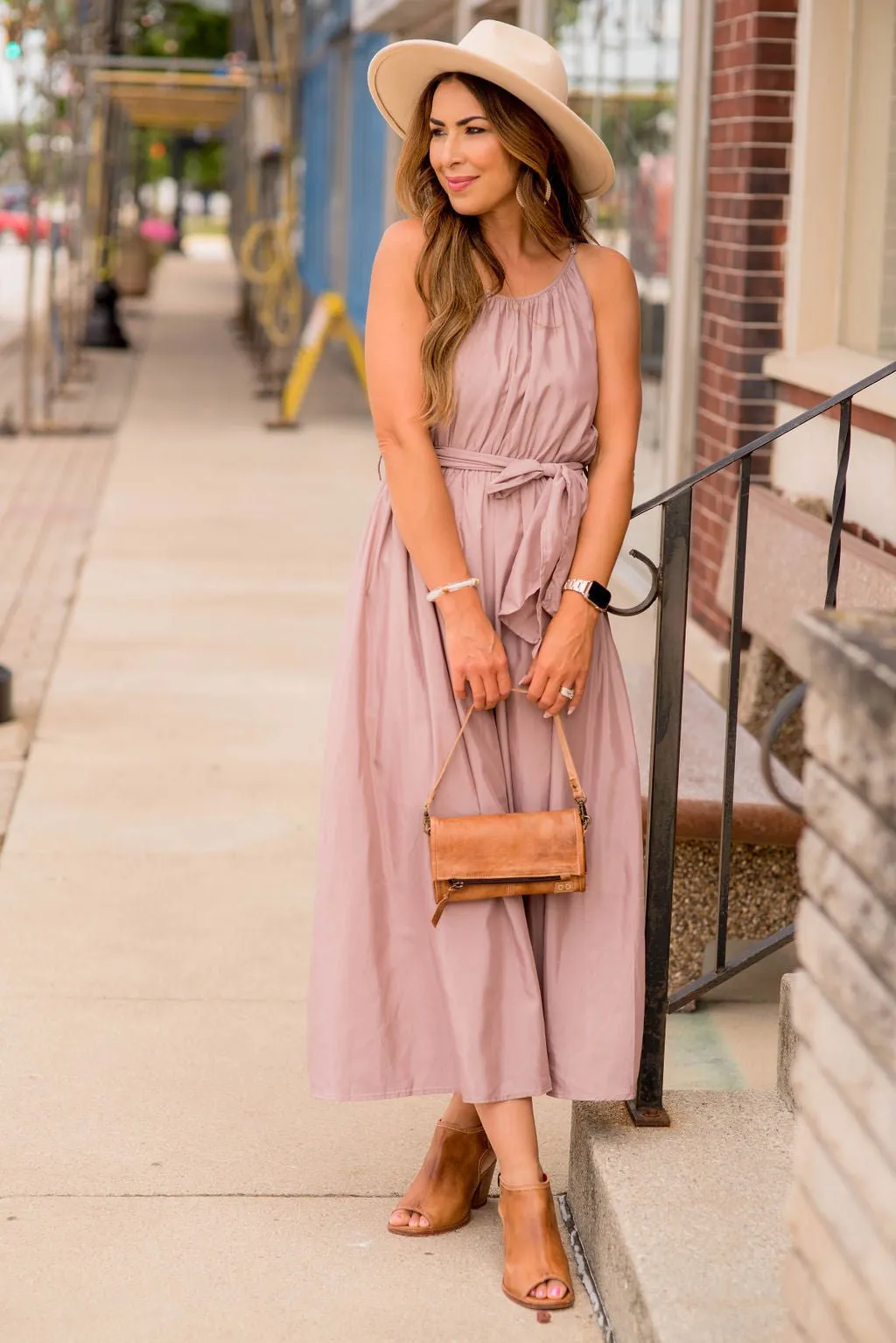 Thin Strapped Tie Waist Midi Dress