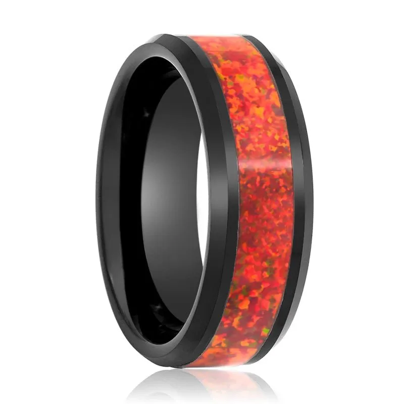 THUNDER | Tungsten Ring Red Fire Opal Inlay