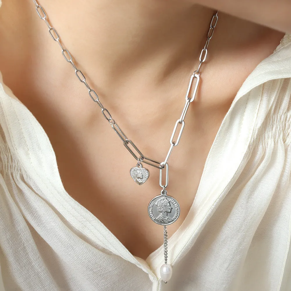 Two Layered Stacked Portrait Coin Pendant Necklaces