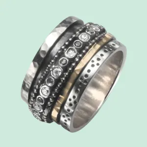 Unique Israeli Spinner Ring for Woman - fidget ring - meditation ring. Set with cz