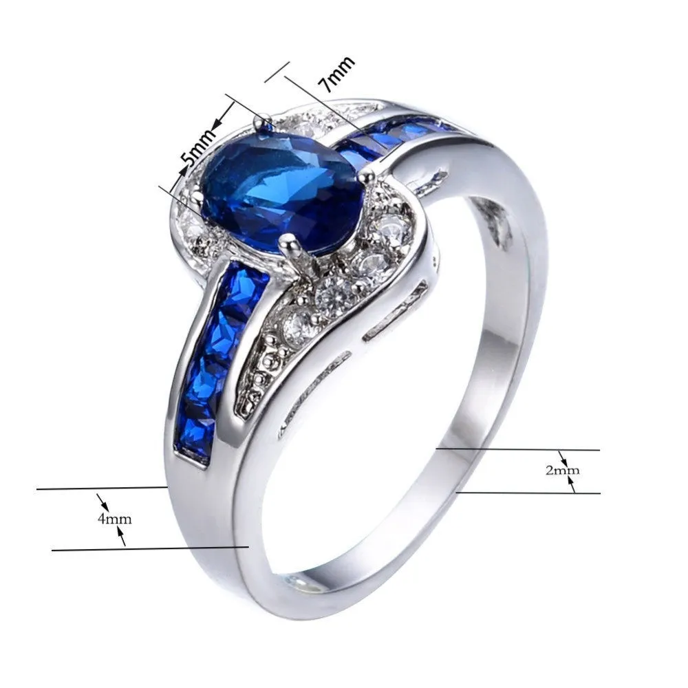 Unique Jewelry Blue Oval Zircon Stone Ring White Gold Filled Wedding Engagement Rings For Women Men