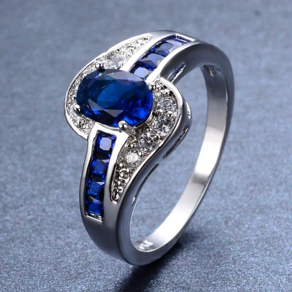 Unique Jewelry Blue Oval Zircon Stone Ring White Gold Filled Wedding Engagement Rings For Women Men