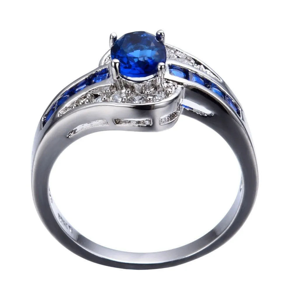 Unique Jewelry Blue Oval Zircon Stone Ring White Gold Filled Wedding Engagement Rings For Women Men