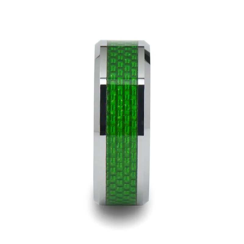 VERMONT | Silver Tungsten Ring, Emerald Green Carbon Fiber Inlay, Beveled