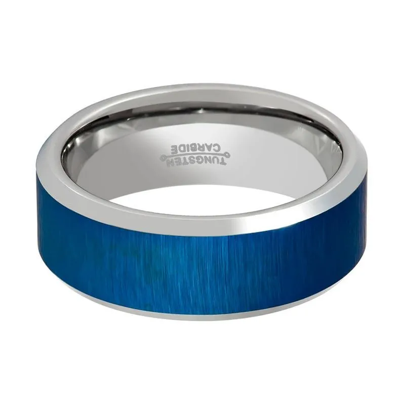 WAYLON | Silver Tungsten Ring, Blue Brushed, Beveled