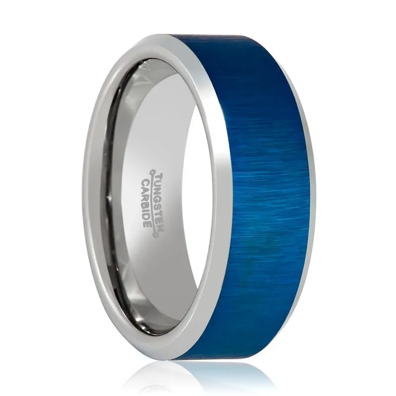 WAYLON | Silver Tungsten Ring, Blue Brushed, Beveled