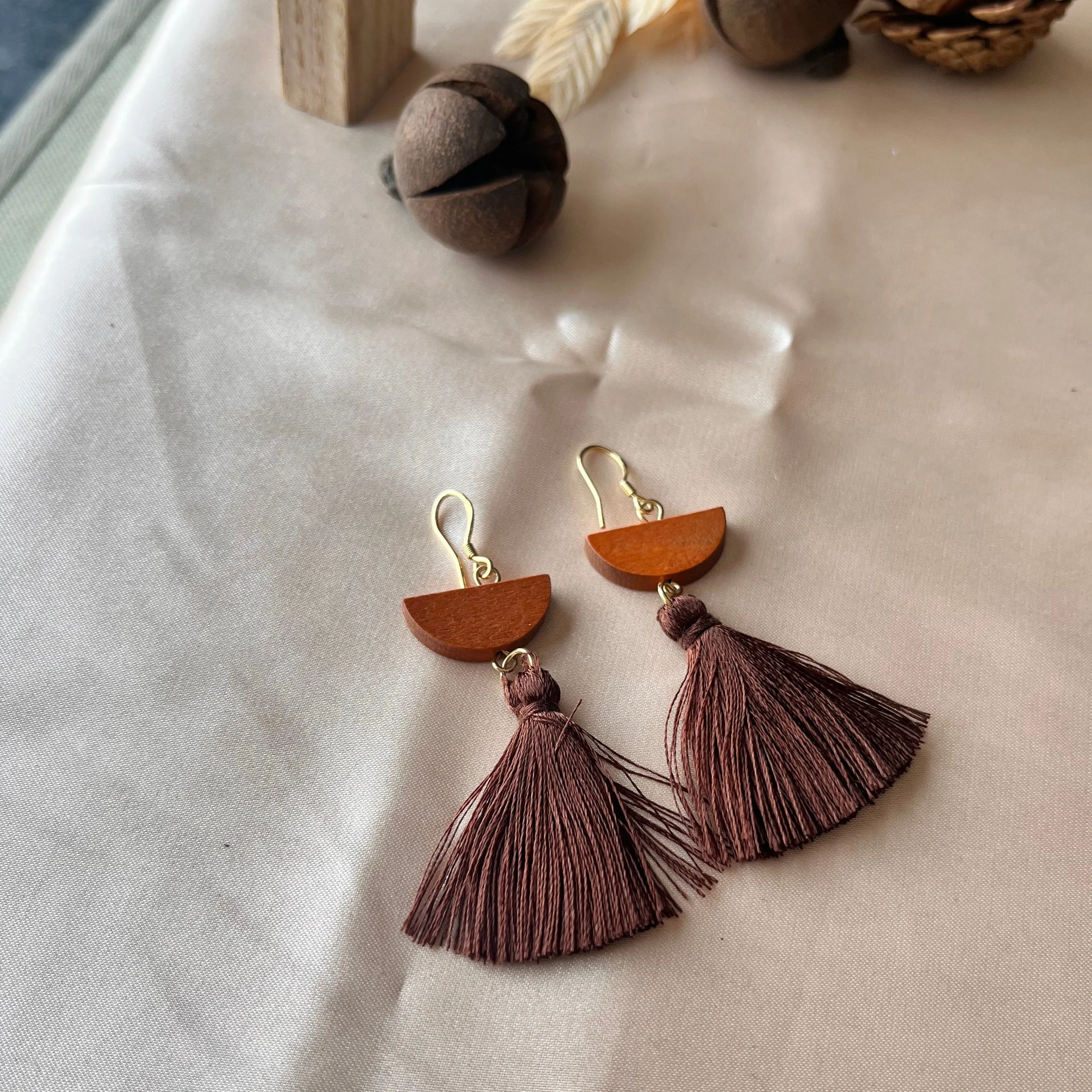 Wooden Tassel Drop Earrings-jlt11696